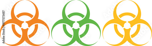 Three biohazard symbols in different colors representing caution and danger levels