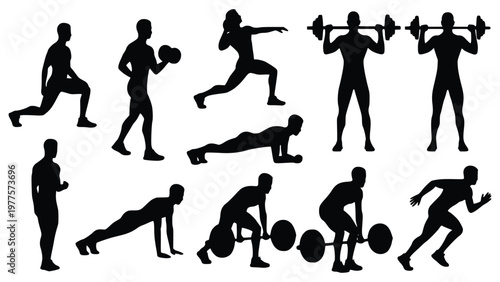 Black silhouettes of people doing various exercises with dumbbells and bodyweight
