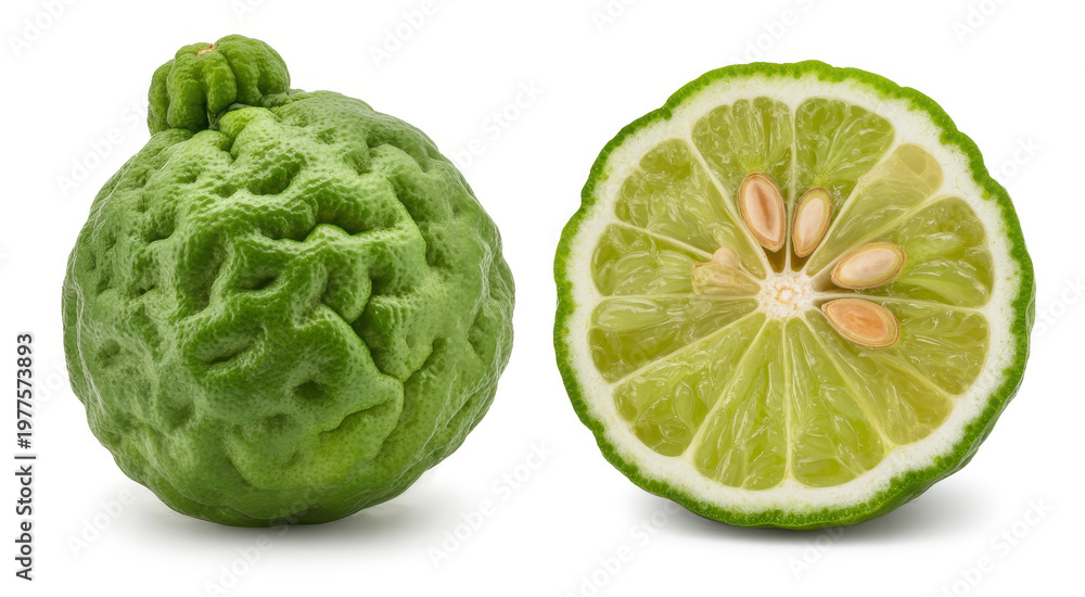 Fototapeta premium One whole kaffir lime and a sliced half displaying seeds, isolated on a plain white background