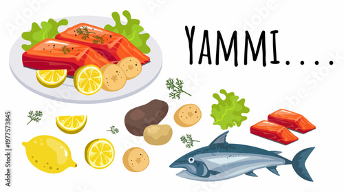 An appetizing seafood arrangement featuring salmon, fish, and lemons, captured in a colorful layout that stimulates culinary cravings and highlights the joy of fresh ingredients.