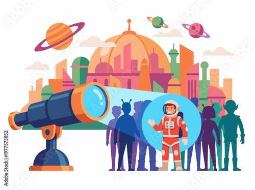 A cheerful astronaut stands next to a large telescope, gazing at a futuristic city and colorful planets in a whimsical space-themed illustration, showcasing exploration and imagination.