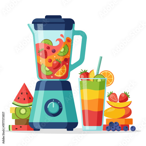 A vibrant and colorful illustration of a blender filled with fresh fruits next to a tall glass of smoothie, conveying themes of health, vitality, and delicious nutrition in a playful style.
