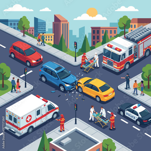 A detailed scene depicts a traffic accident between two cars in a busy urban setting, featuring emergency vehicles and personnel responding to ensure safety and prompt care for individuals.