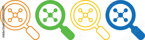 Four magnifying glasses examining different molecular structures under scrutiny