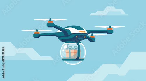 An imaginative digital artwork showing a delivery drone flying over a clear blue sky, carrying a gift box, representing innovation, technology, and the future of delivery services.