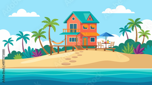 A picturesque beach house set on a sunny tropical island with palm trees, a hammock, and the sea, evoking a sense of relaxation, vacation, and paradise living.