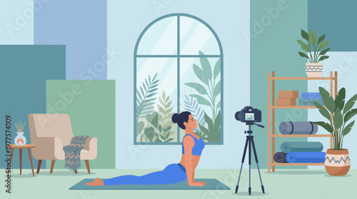 A tranquil scene of a woman practicing yoga in a serene home studio emphasizes mindfulness, wellness, and connection to self within a beautiful, calming environment filled with plants.
