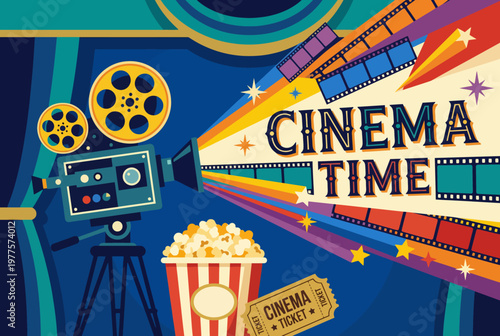 This vibrant image captures the essence of cinema with a vintage film projector, popcorn, and a playful color palette, evoking the excitement of movie nights and storytelling.
