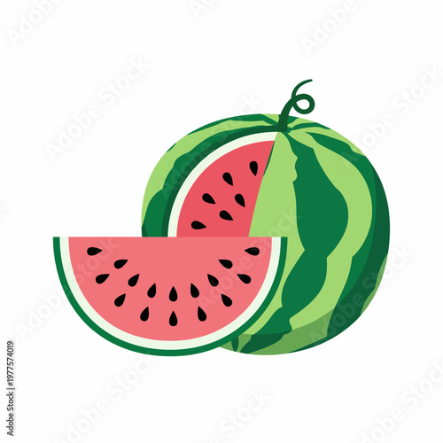 A beautifully designed illustration of a watermelon, featuring vibrant green and pink colors that display freshness and summer vibes, evoking appetite and enjoyment.