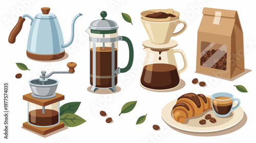 A delightful arrangement illustrating coffee brewing essentials like a French press and grinder, alongside a tempting croissant, celebrating a coffee culture.