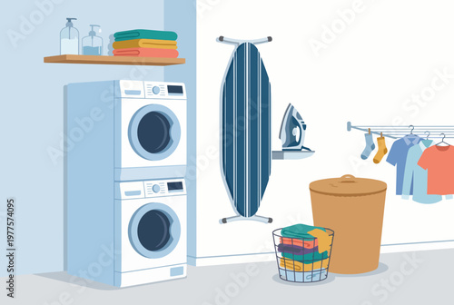 This stylized illustration depicts a modern laundry room featuring stacked appliances, an ironing board, and neatly organized laundry items, embodying domestic efficiency and organization.