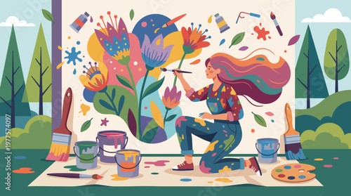 An artist immersed in her work, creating a vibrant flower mural in an outdoor setting, symbolizing creativity and self-expression in visual art and public space.