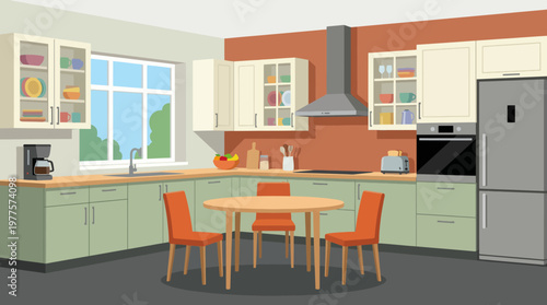 A sleek modern kitchen featuring minimalist design, with a cozy dining space, large windows allowing natural light, ideal for both cooking and daily family interactions.