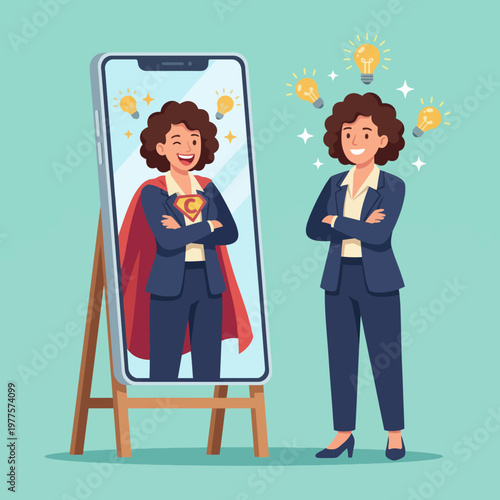 A confident woman gazing at her reflection in a mirror, representing self-empowerment, positivity, and the journey of personal growth and self-awareness in a modern setting.