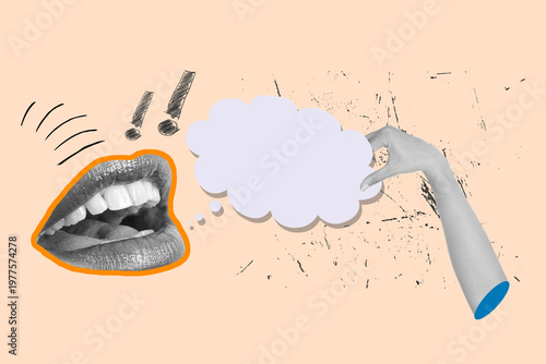 Collage of a woman open mouth and a woman hand holding a blank white speech bubble on a pink background with scratches and exclamation marks