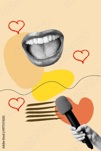 Collage of a woman hand holding a microphone and a woman open mouth on a pink background with hearts and stains