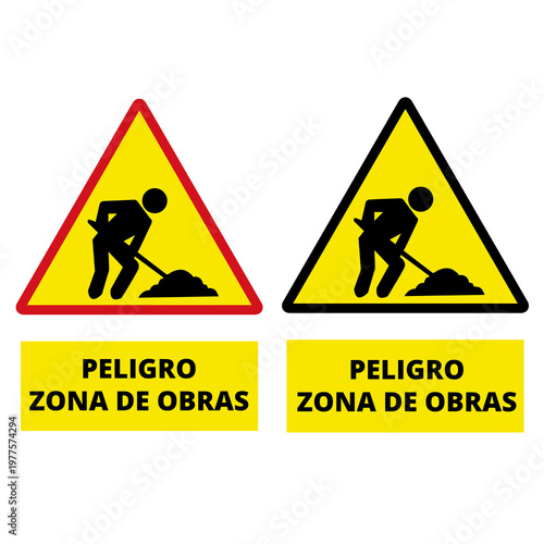 Peligro zona de obras yellow signs isolated on a white background (trad. danger men at work)
