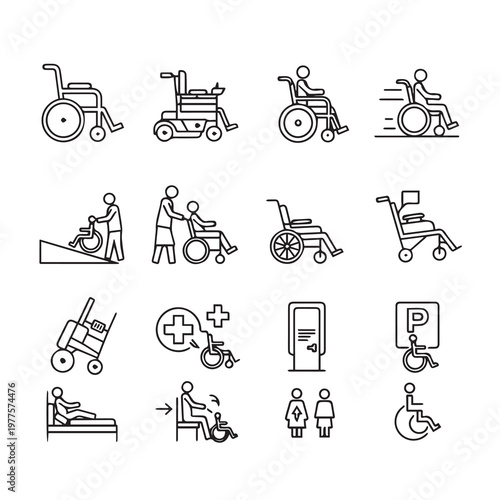 Wheelchair Icons Set: Mobility Aids Accessibility Symbols and Medical Transport Line Art