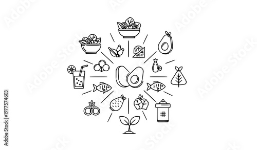 Modern healthy food icons radial layout salad avocado fish juice nutrition editable stroke vector set