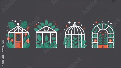 Greenhouse and botanical garden illustrations with plants and flowers