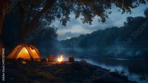 cozy riverside camping setup with glowing fire at dusk
