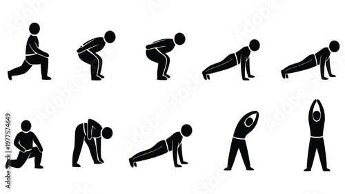 Black silhouettes of people performing various stretching and exercise poses in a white background for fitness and workout routines guidance