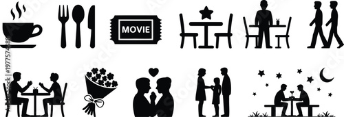 Collection of Romantic Date Icons Representing Couple Activities, Love Moments, Dinner Dates, Travel, Gifts, Relationships, Valentine Concepts, Editable Vector Illustration Set