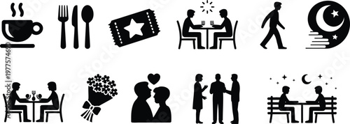 Collection of Romantic Date Icons Representing Couple Activities, Love Moments, Dinner Dates, Travel, Gifts, Relationships, Valentine Concepts, Editable Vector Illustration Set
