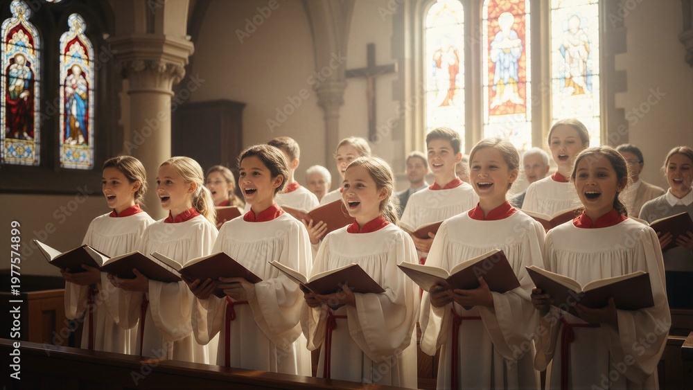 Fototapeta premium Young girls and boys singing in church choir, holding hymnals in a Christian worship service. Religious children singing hymns for Pentecost.
