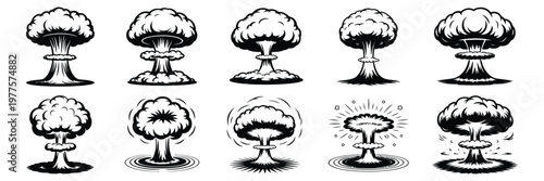 Nuclear blast mushroom cloud icon set, minimal vector symbols depicting atomic explosion, fire, and smoke effects, modern design suitable for disaster awareness, science, and infographic projects.