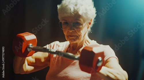 Senior woman exercising with dumbbells at home
