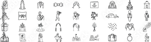 Wedding and marriage line icons set including bride groom ceremony decoration ring invitation photography bouquet cake celebration minimal outline vector illustration collection