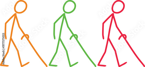Three stick figure characters walking with canes in different colors