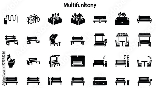 Multifunctional park bench icons including planters and tables