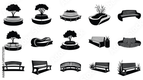 Black and white illustrations of various park benches and planters with trees and grass
