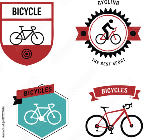 Four distinct bicycle themed logo badges with bicycle illustrations and promotional text on a white background