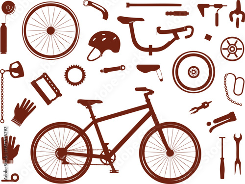 A comprehensive collection of brown bicycle parts and accessories silhouettes scattered on a clean white surface
