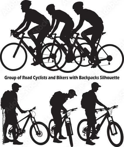 Black silhouettes show groups of road cyclists riding and mountain bikers standing with backpacks