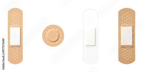 Adhesive bandages in various shapes and colors for first aid and wound care, providing protection for minor injuries.
