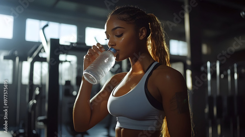fit woman hydrating after strength training at modern gym