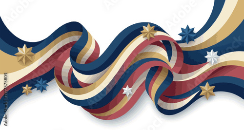 Abstract flowing ribbon with stars in patriotic colors symbolizing unity and celebration, graphic design element for festive occasions and national events