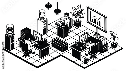 Two business professionals working at desks in an office setting with computers and graphs