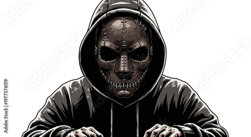 Anonymous hacker in a hoodie and creepy mask typing on a keyboard