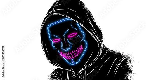 Anonymous Hacker in Hoodie Wearing Neon Mask, Cybercrime Concept