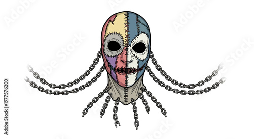 Creepy stitched mask with chains, horror, scary, unsettling, dark art, unsettling.