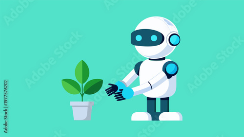 Flat vector illustration of a cute humanoid robot tending to a small green plant in a pot. Concept of AI for environmental sustainability, green technology, smart farming, and future ecology