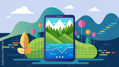 Flat vector illustration of a smartphone displaying financial data and growth charts over a nature landscape. Concept of digital nomad, remote work, smart environmental monitoring, and financial freed