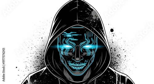 Cyberpunk Hacker Face with Glowing Blue Eyes in Hoodie