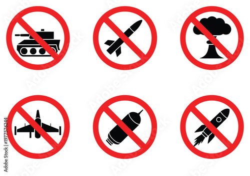 Atomic bomb explosion mushroom cloud, fighter plane, nuclear bomb, rocket launch, and tank icons for prohibition war sign, “no war” vector symbols, clean flat and outline design for peace, anti-war