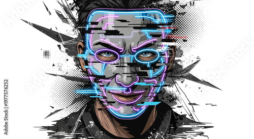 Cyberpunk hacker face with neon mask and glitch effect, digital art